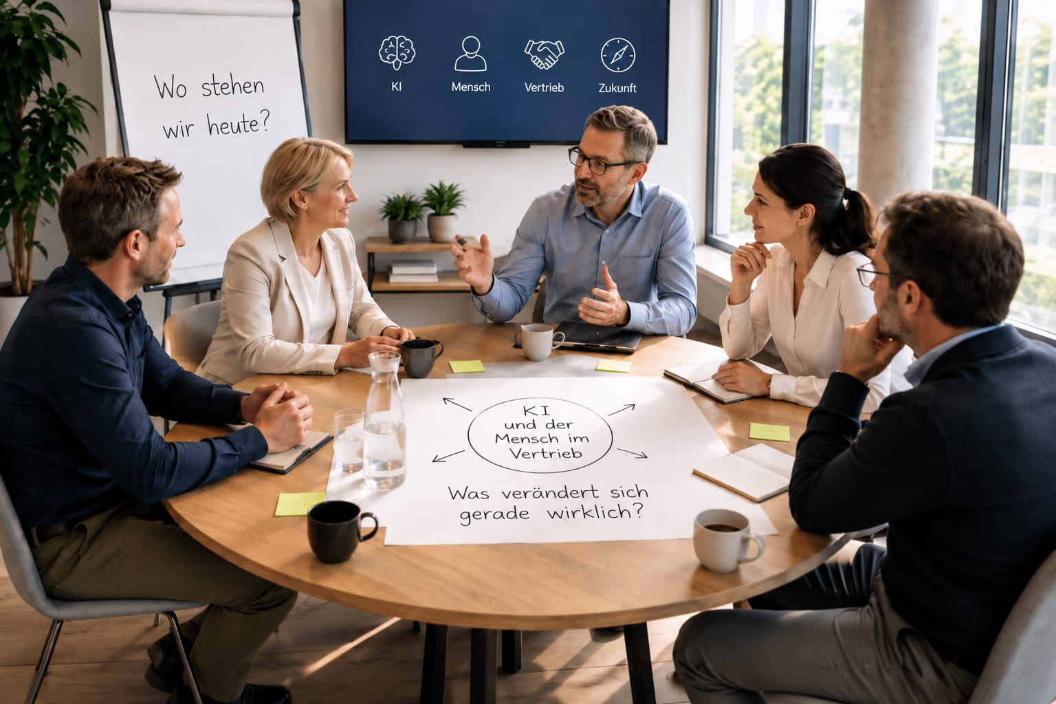 Teilnehmende der Impuls- und Dialogrunde „KI und der Mensch im Vertrieb“ an einem Tisch
